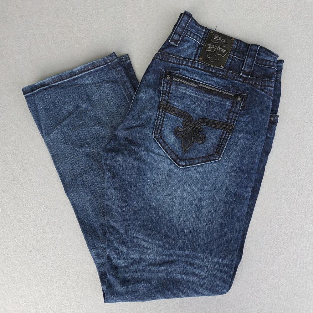 Men’s Rock Revival Jeans Sz 42 X 33, Harold Rock Straight , Dark Wash